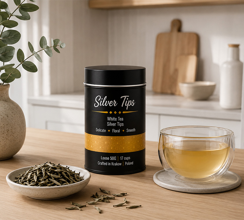 Silver Needle Tips Leo Tea w prezentowej puszce- srebrne nierozwinięte paczki herbaty z Chin